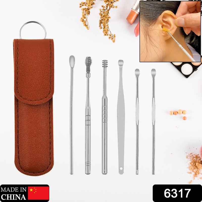 6317   6-in-1 Ear Wax Cleaner- Resuable Ear Cleaning Tools Leather Pouch – Ear Pick Wax Remover Tool Kit with Ear Curette Cleaner and Spring Ear Buds Cleaner Fit in Pocket Great for Traveling