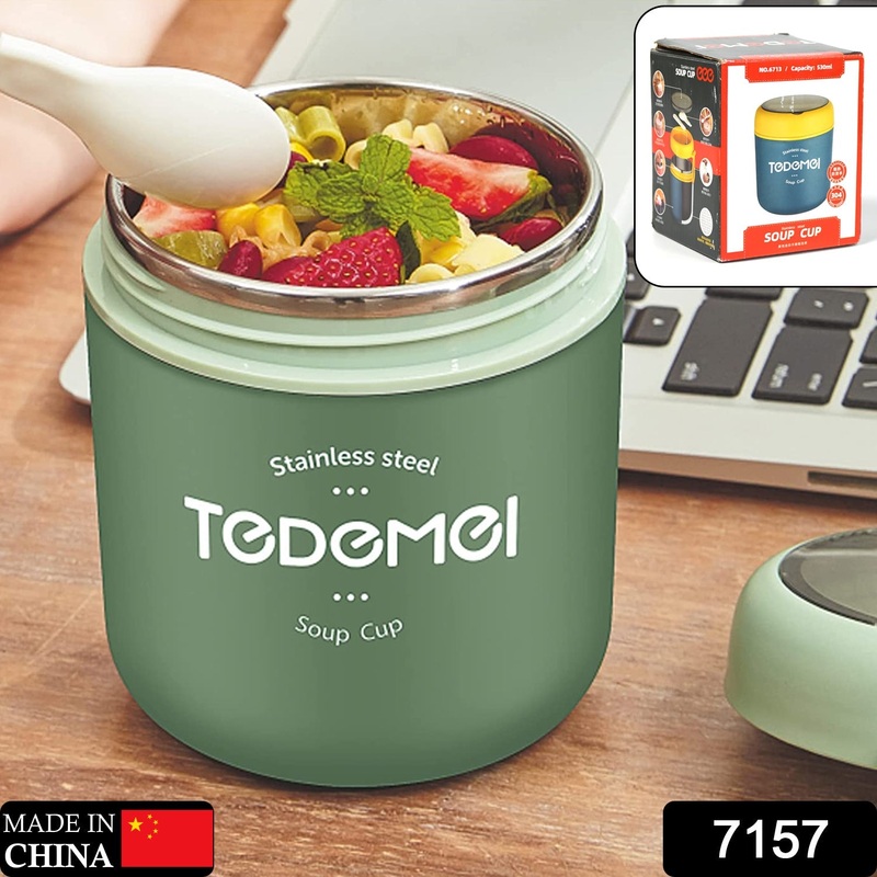 7157 Stainless Steel Solid Premium 1Pc Soup Container with Spoon and 1 Spoon On Soup Cup Top