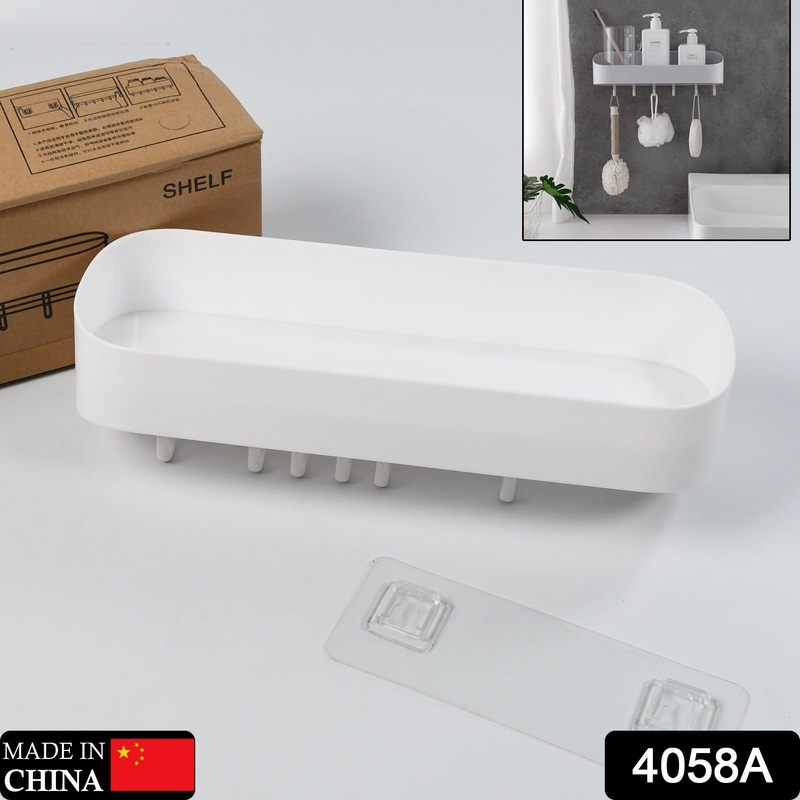 4058A BATHROOM KITCHEN SHELF PLASTIC WALL STORAGE ORGANIZER WITH 6 HOOKS WITHOUT DRILL SELF ADHESIVE AND MAGIC STICKER