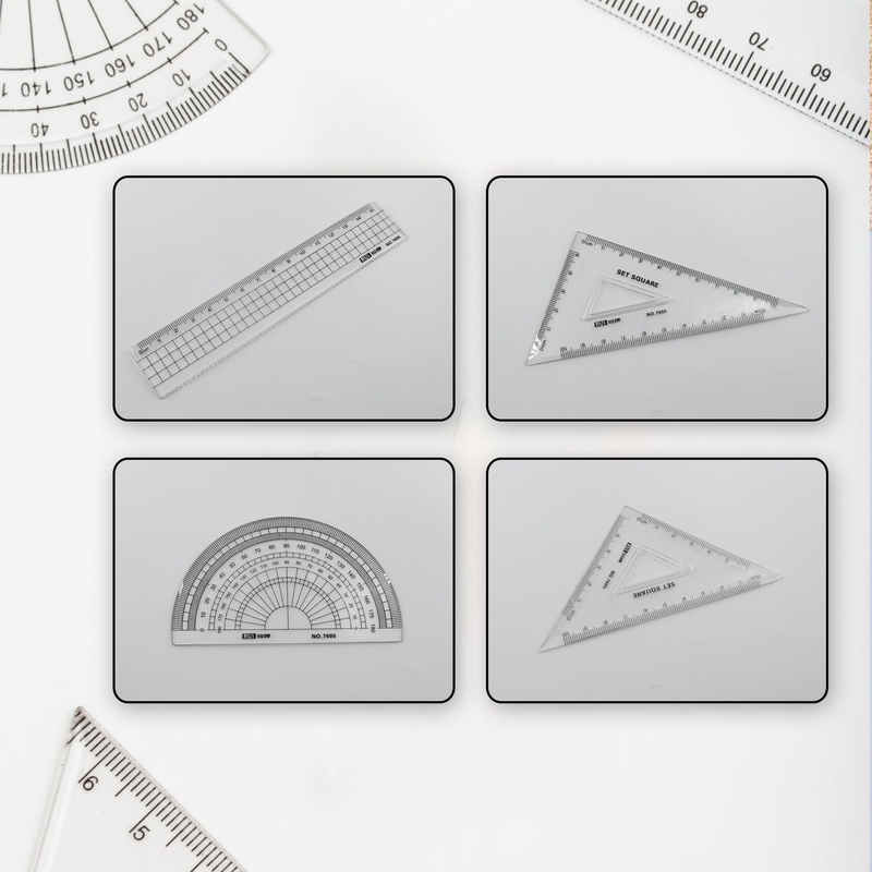 7915 Math Geometry Tool Plastic Clear Ruler Sets, Protractor, Triangle Math Architectural Tools 4 Pieces
