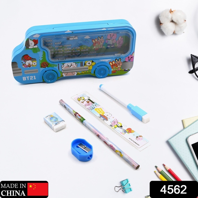4562  Bus Shape Compass Box for Boys, Kids School Accessories |  Pencil Box  with Wheels for Girls and Kids, String Operated Case Students School Supplies – Stationery Set Organizer Birthday Return Gift for Kids