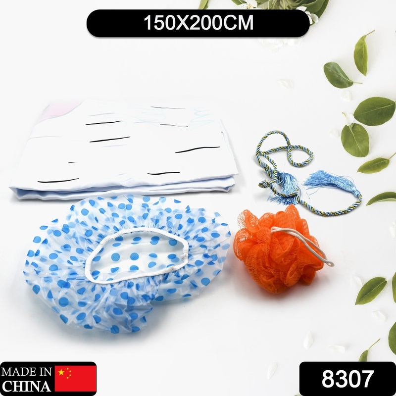 8307 SOLID SHOWER CURTAIN SET WITH SHOWER CAP, LOOFAH – LIGHTWEIGHT, FOR BATHROOMS, HOME (150X200 CM)