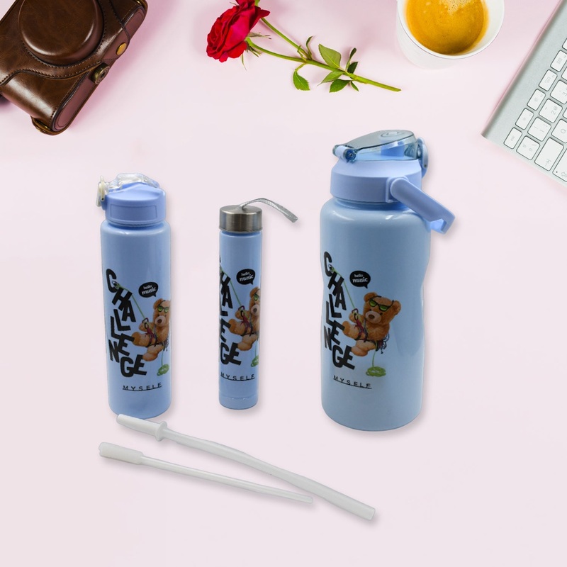 8403 Plastic Water Bottle 3pc Set,3  Different Size Bottle High Quality Water Bottle Plastic Water Bottle BPA-Free & Leak-Proof!  Cartoon Printed Design for Kids’ School, For Fridge, Office, Sports, School, Gym, Yoga (3 Pc Set)
