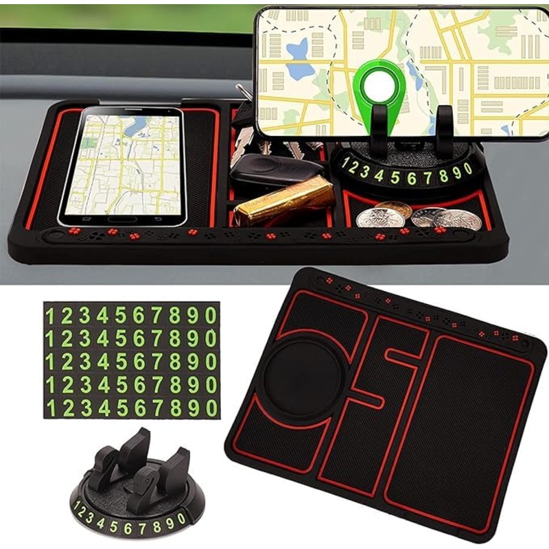 SkyShopy Car Non Slip Dashboard Mat 4-in-1 Multifunctional 360Rotating Phone Holder Phone Pad with Temporary Car Parking Number & 2 Perfume Aromatherapy Anti-Shake Pad Universal Phone Holder (Red)