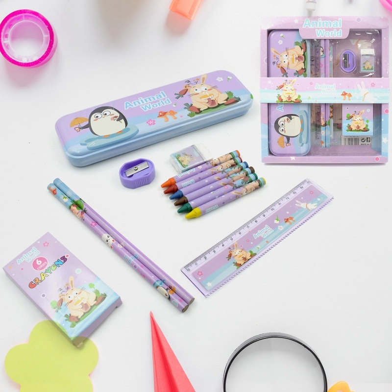 4297 School Supplies Stationery Kit with 1 Pencil Box Case 2 Pencils 6 Crayon Colors 1 Ruler Scale 1 Eraser 1 Sharpener Stationary Kit for Girls Pencil Pen Book Eraser Sharpener Crayons – Stationary Kit Set for Kids Birthday Gift (12 Pc Set)