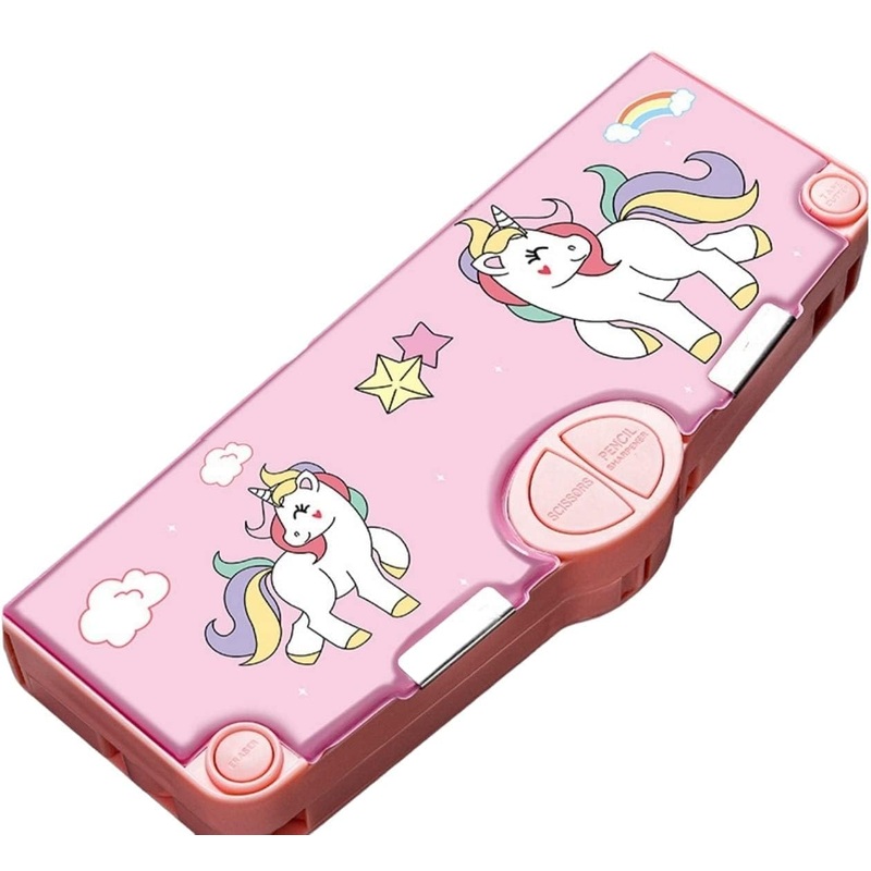 SkyShopy 1PC MULTIFUNCTIONAL PENCIL CASE, LARGE CAPACITY PENCIL BOX FOR BOYS & GIRLS STUDENTS WITH CRAFT SCISSOR PORTABLE STATIONERY ORGANIZER Pink