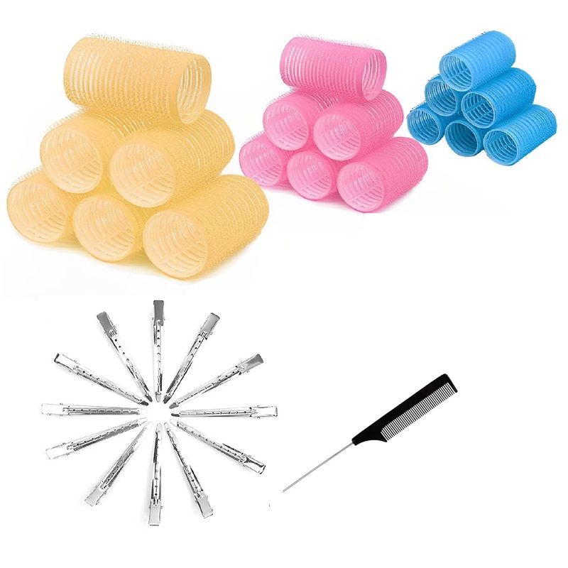 SkyShopy multicolored Hair Curler Rollers for Women, 6pcs Self Grip Magic Hair Roller Clips Hairdressing Kit for Long Medium Short Hair with 12 Bang Clips & 1 Comb
