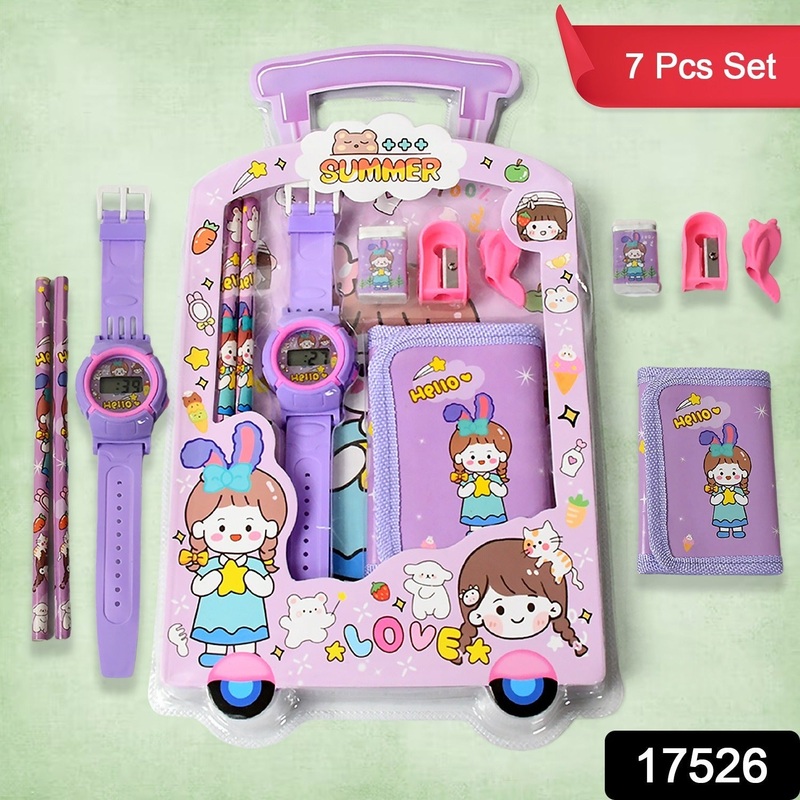 17526 Stationery Set for Girls and Boys | Kids Return Gift – 7 In 1 School Items For Kids-Pencils, Eraser, Sharpener, Pouch, Pencil Extender | Birthday Gift Idea Stationary Kit Set for School Kids (Pack of 7 Pcs Set)