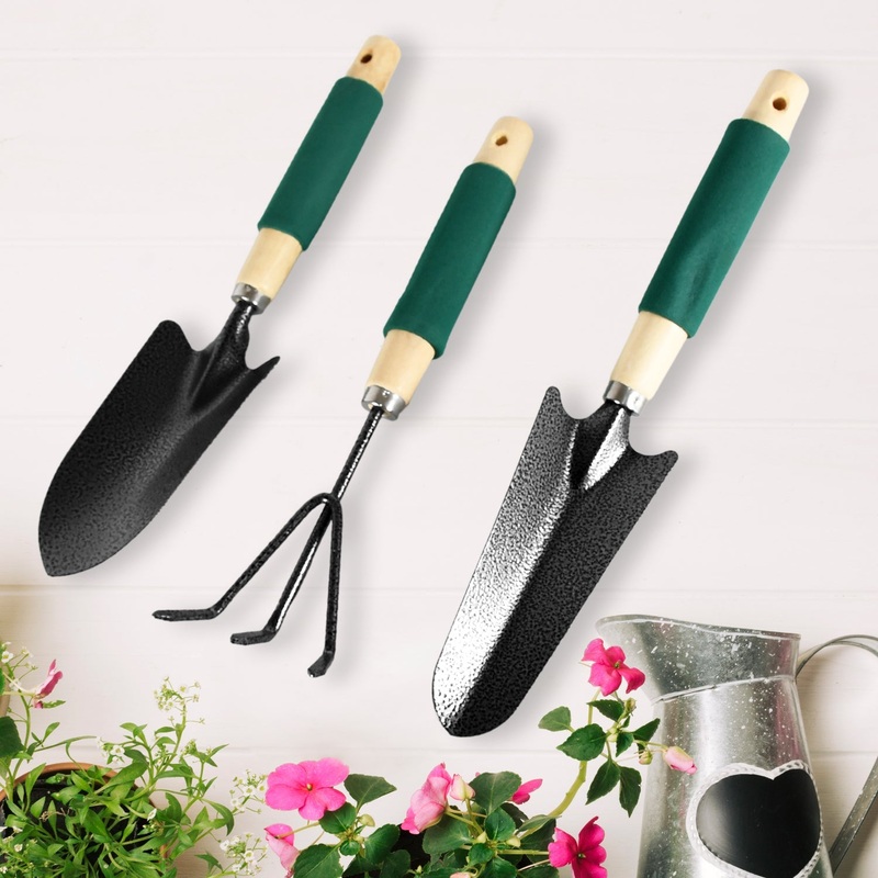 7593 Gardening Tools – Hand Cultivator, Trowel, Heavy Duty with Ergonomic Wooden Handle for Transplanting and Digging (3 Pcs Set)