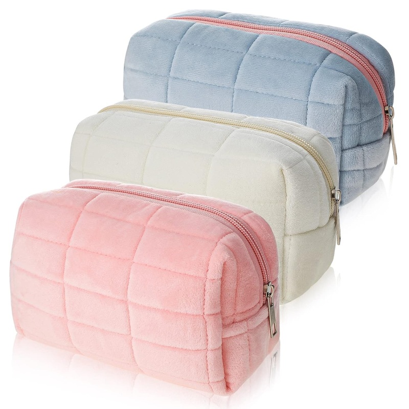 SkyShopy 1 Pcs Plush Makeup Bag Checkered Cosmetic Bag Cosmetic Travel Bag Large Zipper Travel Toiletry Bag Portable Multi Functional Capacity Bag Cute Makeup Brushes Storage Bag for Women, Pink, Blue, White, pink, blue, white, approx. 4.13 x 6.69 inches