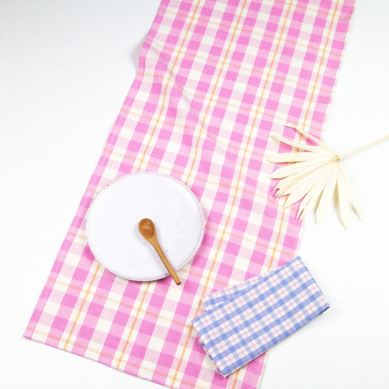 ABIGAIL PLAID TABLE RUNNER IN BUBBLEGUM AND PEACH