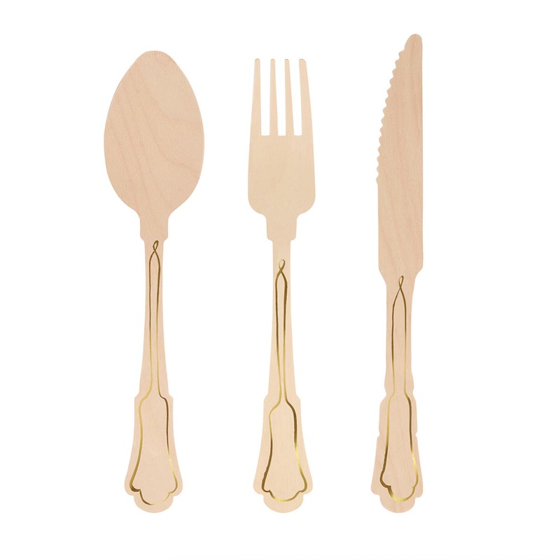 ELEGANT GOLD FOIL DETAIL WOODEN CUTLERY
