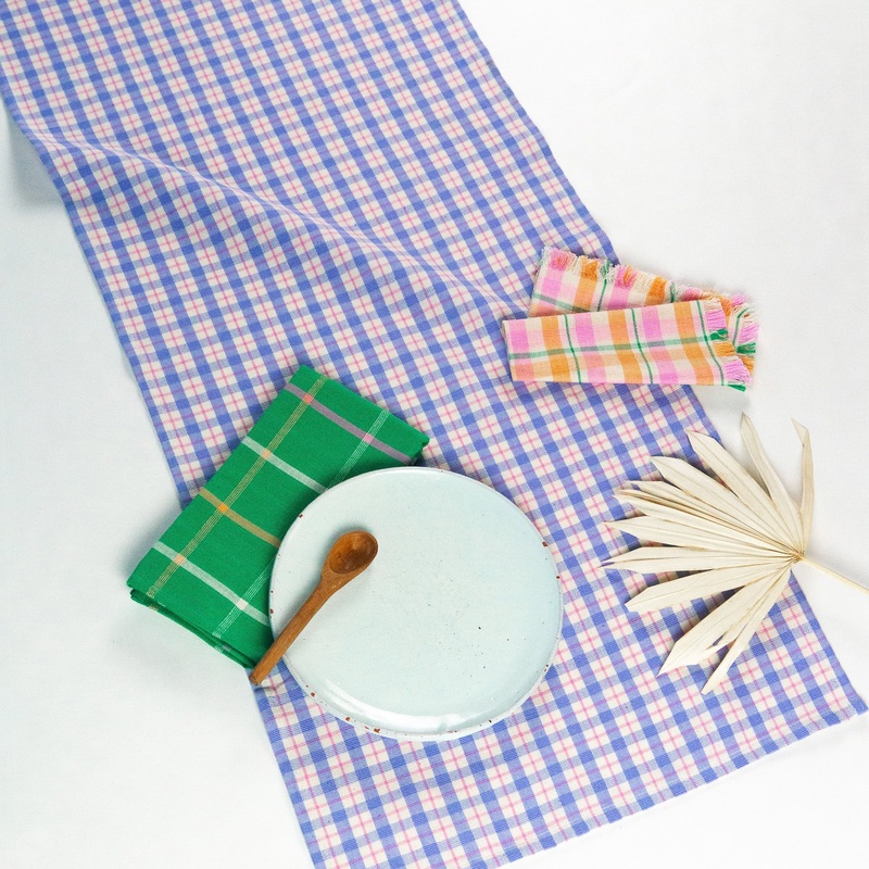 SOFIA PLAID TABLE RUNNER IN PERIWINKLE BLUE AND PINK