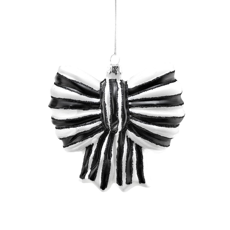 BLACK & WHITE STRIPED BOW GLASS ORNAMENT BY CODY FOSTER