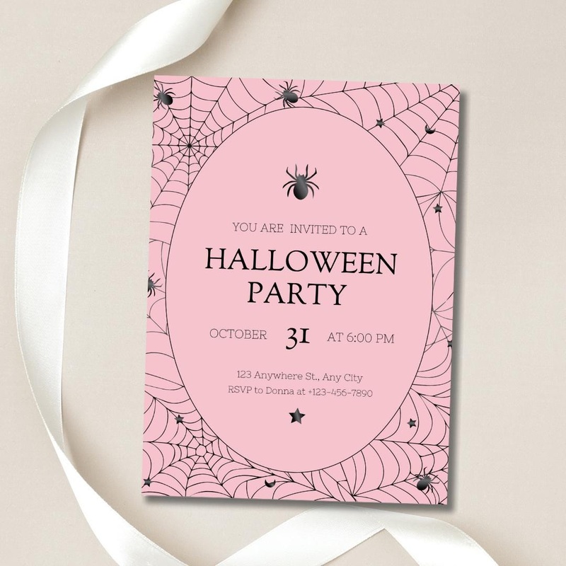 Pink Spider Web Halloween Party Invitation Download
