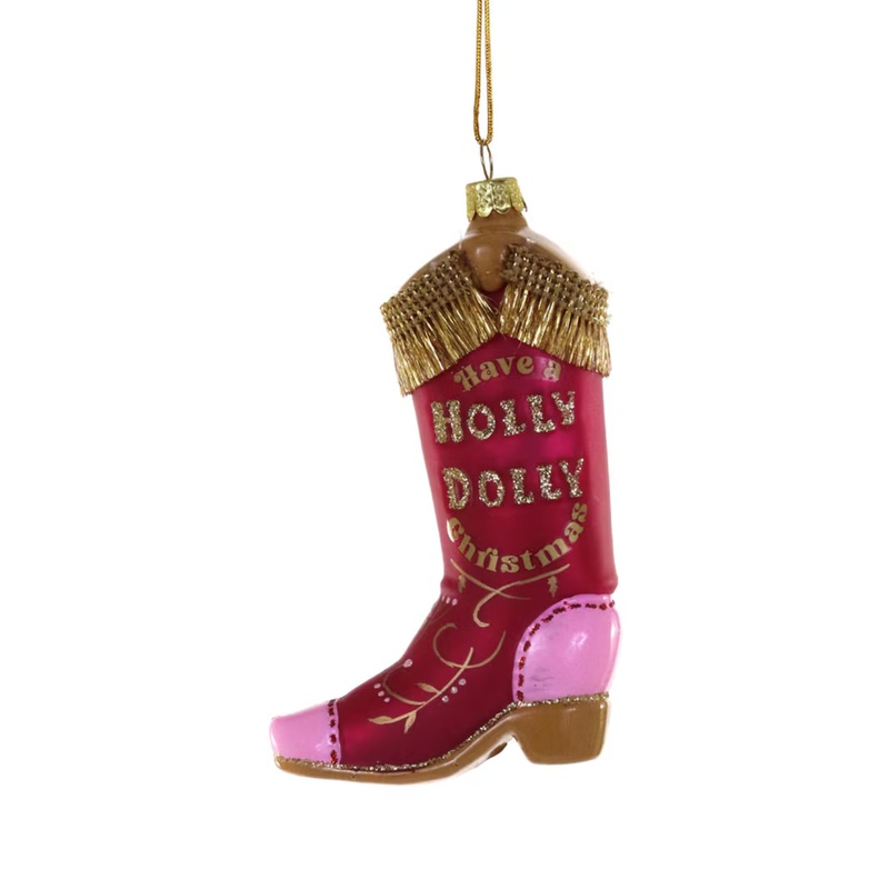 HAVE A HOLLY DOLLY COWBOY BOOT GLASS ORNAMENT BY CODY FOSTER