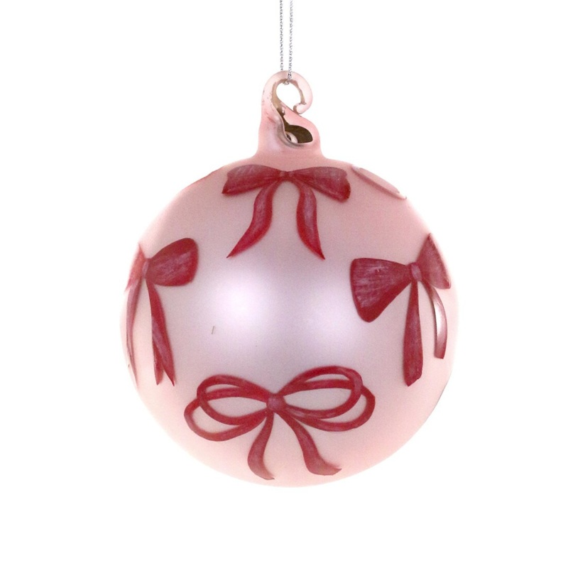 PINK BAUBLE GLASS ORNAMENT WITH PAINTED RED BOWS BY CODY FOSTER