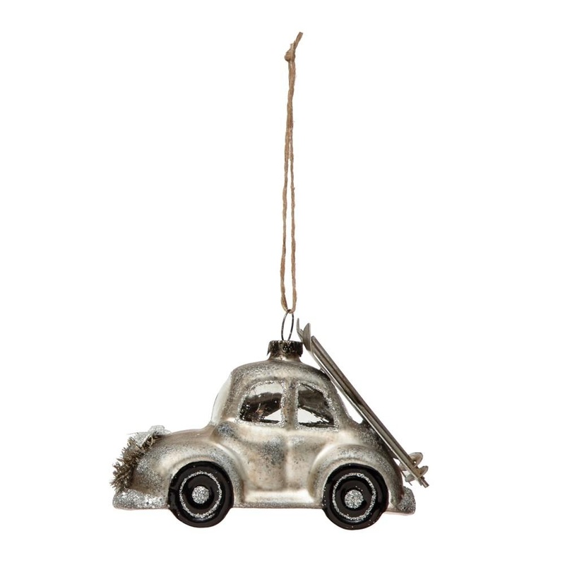 GLASS CAR ORNAMENT WITH SKIS AND TINSEL WREATH