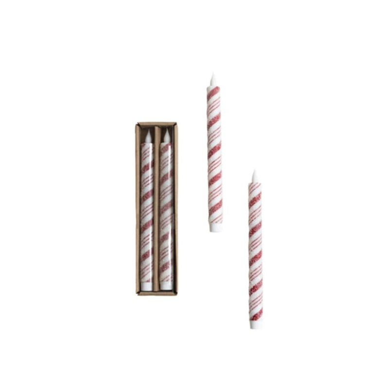 CANDY CANE STRIPED FLAMELESS TAPER CANDLES