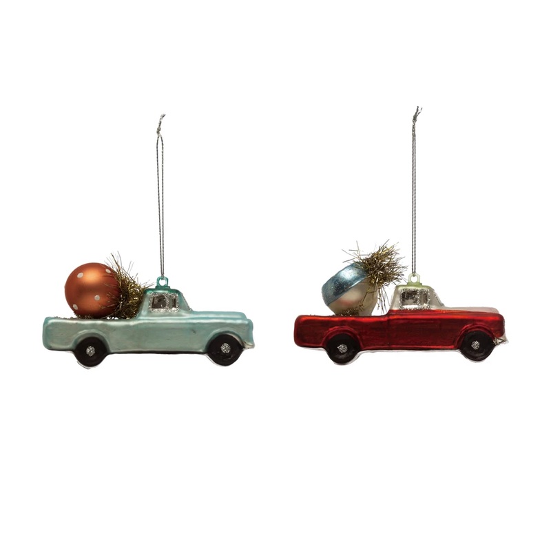 HAND-PAINTED MERCURY GLASS TRUCK ORNAMENT