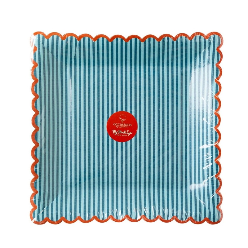 BLUE STRIPED RED TRIMMED PLATES