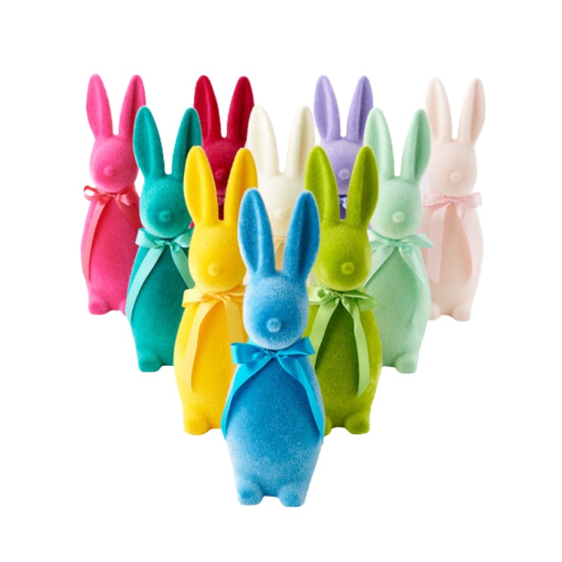 MEDIUM BRIGHT FLOCKED BUNNY DECORATION WITH BUTTON NOSE
