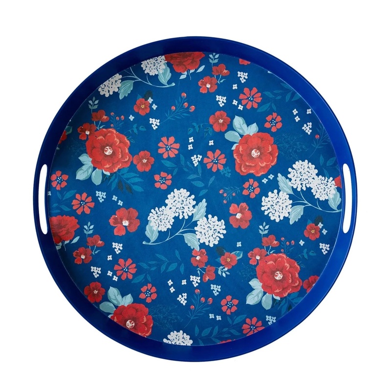 RED, WHITE & BLUE FLORAL REUSABLE BAMBOO ROUND TRAY