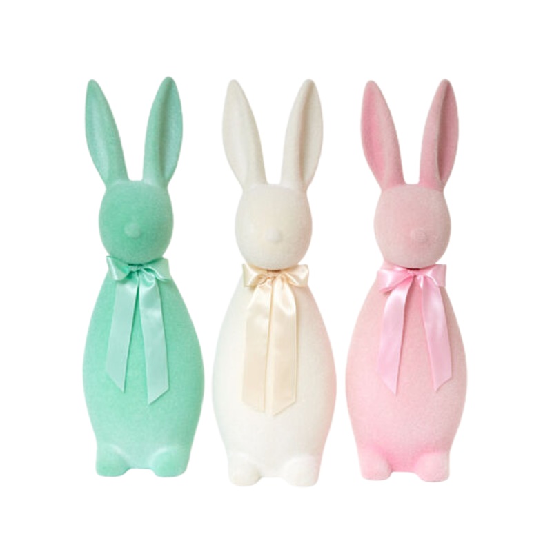 LARGE PASTEL FLOCKED BUNNY DECORATION WITH BUTTON NOSE