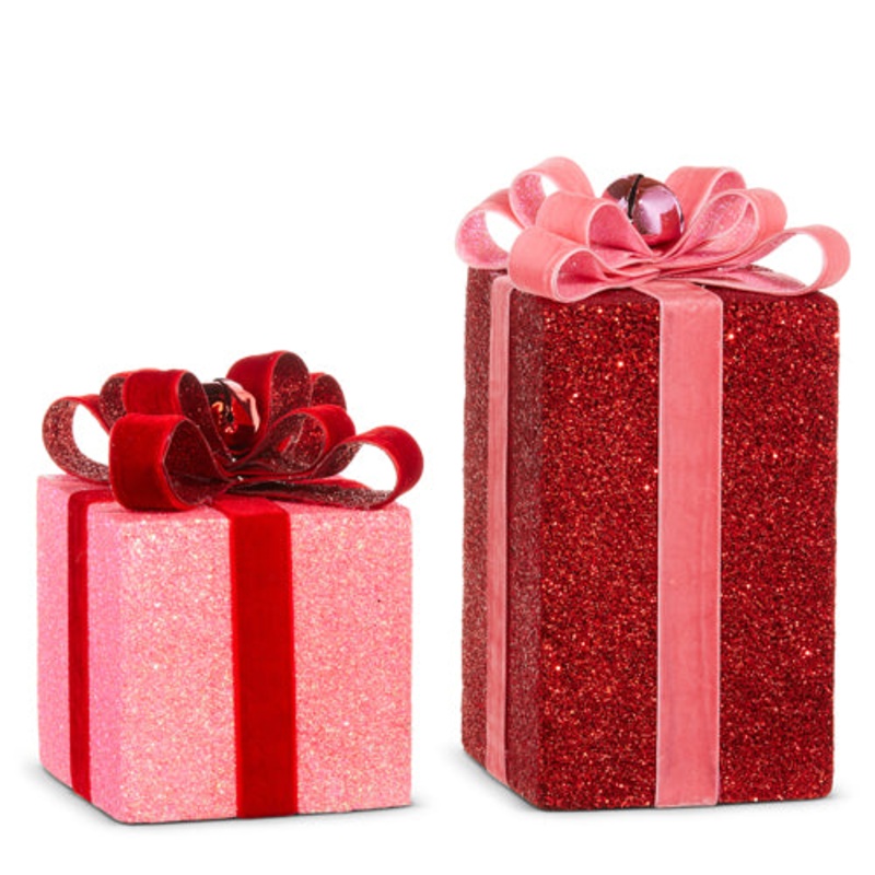 RED & PINK GLITTER PRESENT DECORATIONS