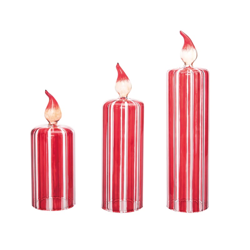 RED STRIPED GLASS CANDLE SET