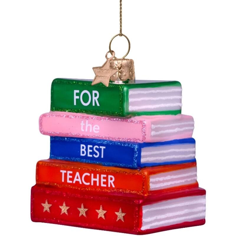 BEST TEACHER STACK OF BOOKS GLASS ORNAMENT