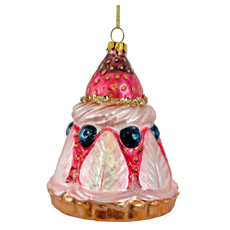 STRAWBERRY CONE CAKE GLASS ORNAMENT