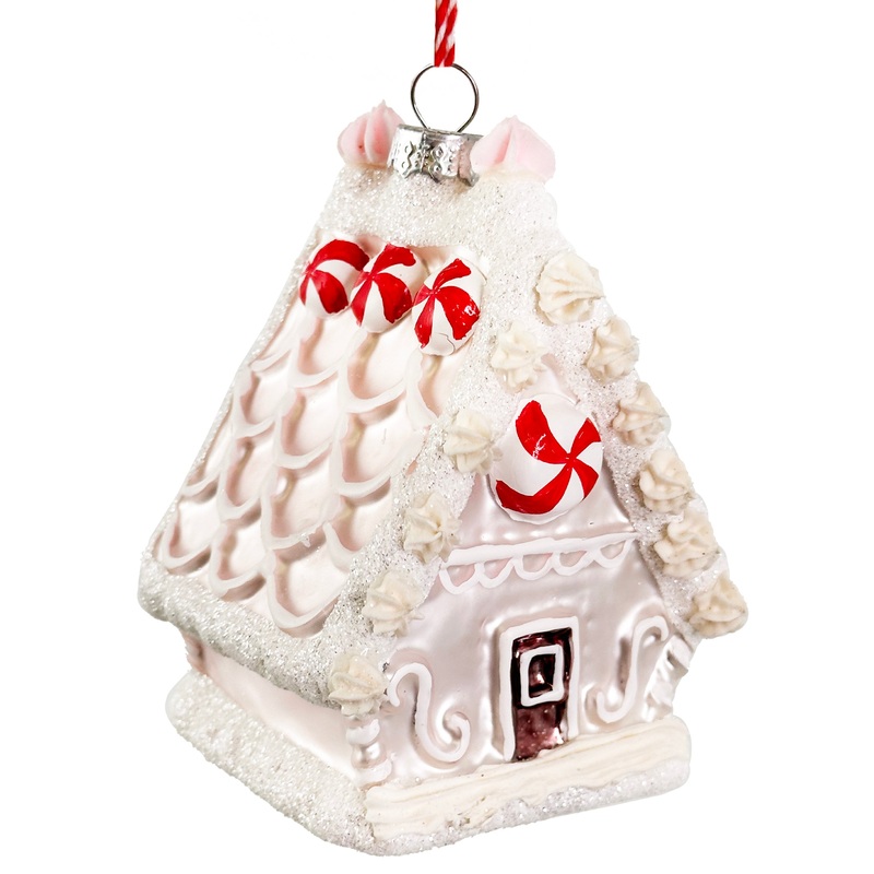 WHITE GINGERBREAD HOUSE GLASS ORNAMENT