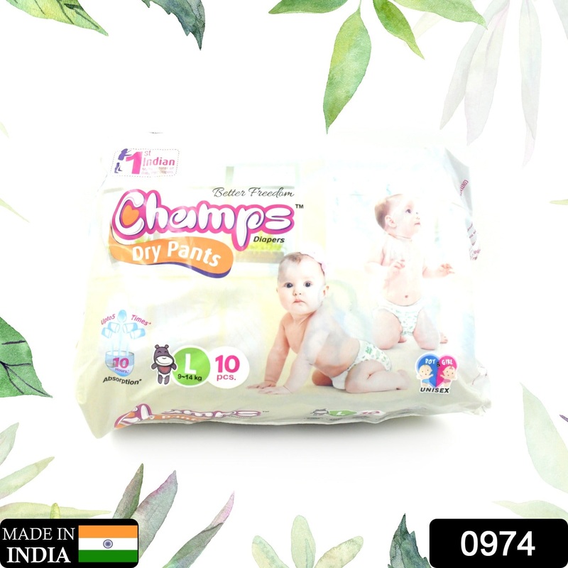 0974 Large Champs Dry Pants Style Diaper – Large (10 pcs) Best for Travel  Absorption, Champs Baby Diapers, Champs Soft and Dry Baby Diaper Pants (L,10 Pcs )