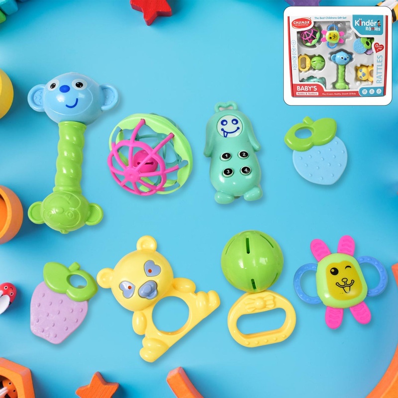 Kinder Rattles Classic Store Plastic Non-Toxic Shake and Grab Ball Baby Rattles & Teethers (8 Pcs Set)