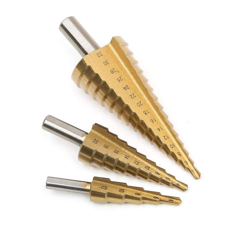 ‘-3X Large HSS Steel Step Cone Drill Titanium Bit Set Hole Cutter (4-32, 4-20, 4-12mm)