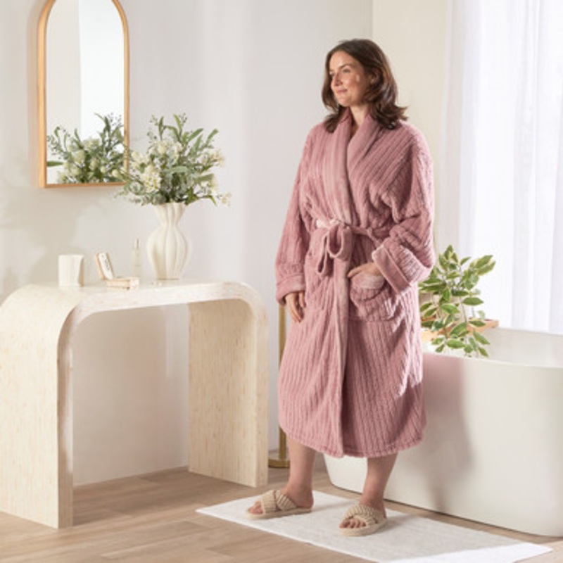 Serena Blush Ribbed Fleece Bath Robe [ESSBSERAW25B]